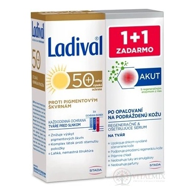 Ladival Anti-spot 50+SPF + Akut Face serum krém proti pigmentovým skvrnám 50 ml + sérum po opalování 50 ml,