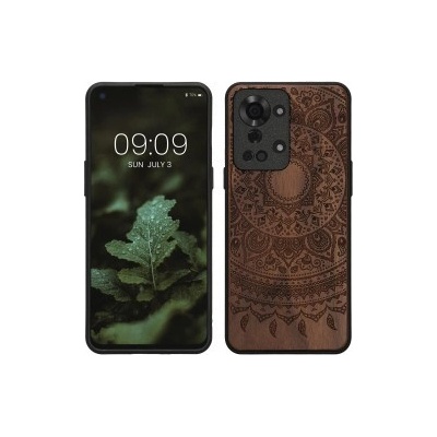 Púzdro kwmobile Drevené s dizajnom indické slnko OnePlus Nord 2T 5G tmavě hnedé