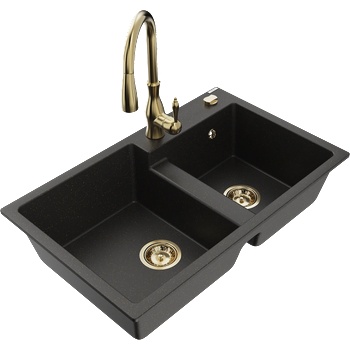 Mexen Tomas мивка от гранит, 2-коморна с кухненски смесител Savita, черен/златен металик - 6516-75-672601-50 (6516-75-672601-50)