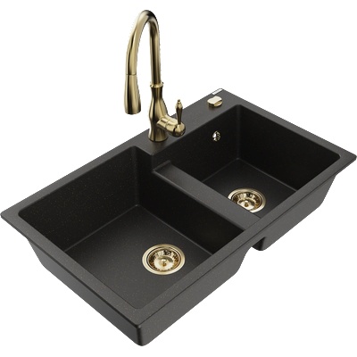 Mexen Tomas мивка от гранит, 2-коморна с кухненски смесител Savita, черен/златен металик - 6516-75-672601-50 (6516-75-672601-50)