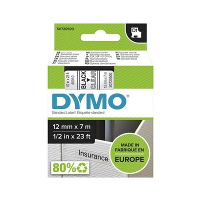 Dymo originál páska do tlačiarne štítkov, Dymo, 45010, S0720500, černý tlač/priehľadný podklad, 7m, 12mm, D1