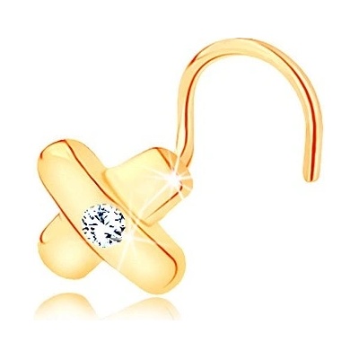 Šperky eshop zahnutý zlatý piercing překřížené proužky a čirý zirkon uprostřed GG141.05