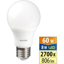 McLED LED žárovka E27 8W 60W teplá bílá 2700K