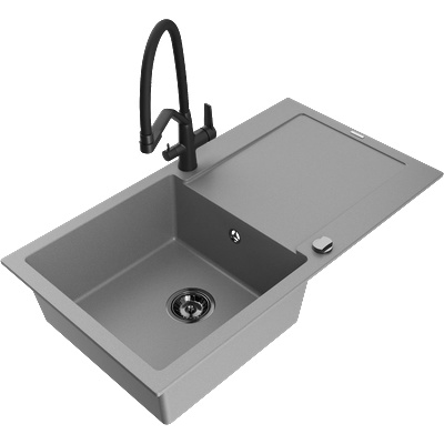 Mexen Leo гранитна мивка с 1 корито и отцедник и кухненски смесител Duo, сив - 6501-71-671701-70-B (6501-71-671701-70-B)