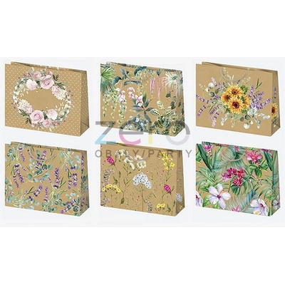 Taška papírová dárková 30x23x10 cm (eko) - přírodní s květinami (mix)