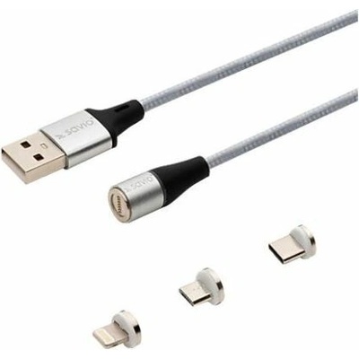 Savio CL-156) 3 v 1 magnetický dátový Lightning/Type-C/Micro-USB 2m stříbrný