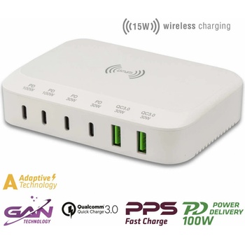 4smarts 7in1 Charging Station 100W with Wireless Charger - захранване за ел. мрежа с 4xUSB-C PD изхода, 2xUSB-A изходa и безжично зареждане (бял)