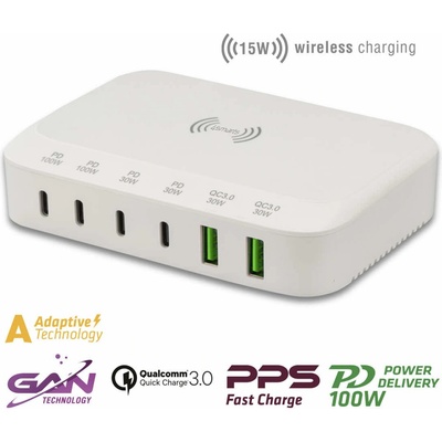 4smarts 7in1 Charging Station 100W with Wireless Charger - захранване за ел. мрежа с 4xUSB-C PD изхода, 2xUSB-A изходa и безжично зареждане (бял)
