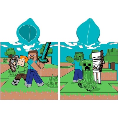 Carbotex Detské plážové pončo osuška s kapucňou Minecraft motiv Alex a Steve 50 x 115 cm