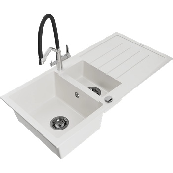 Mexen Andres гранитна мивка 1, 5-камерна с отцедник и кухненски смесител Duo, бял - 6515-20-671701-07-B (6515-20-671701-07-B)