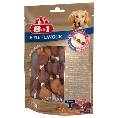 8in1 8in1 Triple Flavour - шишчета MIX - свинско, патешко, говеждо, и пилешко месо за кучета, 113 гр