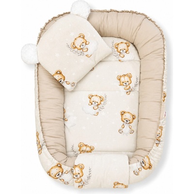 Baby Nellys Oboustranné hnízdečko, podložka + polštářek 3D, Bavlna, Sleepy Teddy, béžové
