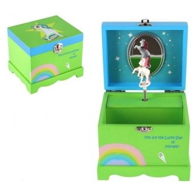 Teddies Кутия за бижута еднорог играеща на навиване дърво отварящ се връх зелена