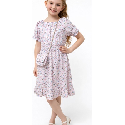New Collection letné šaty s ružovými kvetmi a kabelkou