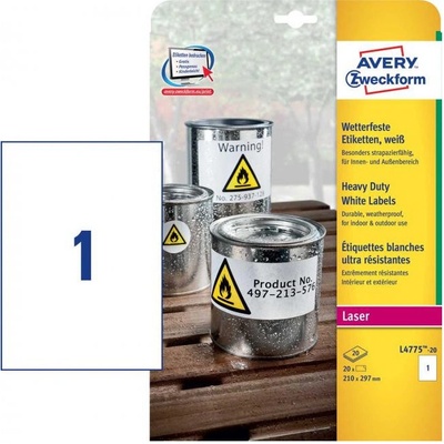 Avery-Zweckform L4775-20 210 x 297 mm prehľad produktov fólie biela 20 ks trvalé Fóliové etikety laser, kópie; L4775-20