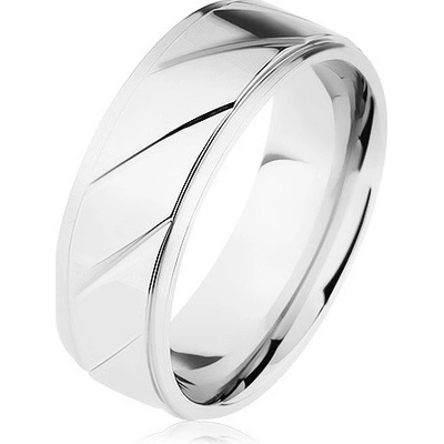 Šperky eshop prsten z oceli 316L vyvýšený pás zdobený šikmými zářezy stříbrná HH11.4