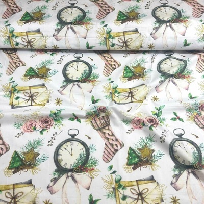 Vánoční bavlněná látka, metráž, šíře 160 cm, Vánoční motiv na Bílém