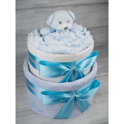 Pastell decor Plenkový dort dvoupatrový modrý Velikost plenek: Vel. 3 - Miminko váží 4 až 9 kg, Velikost oblečení: 62/68 - Miminku jsou 3 až 6 měsíců – Sleviste.cz