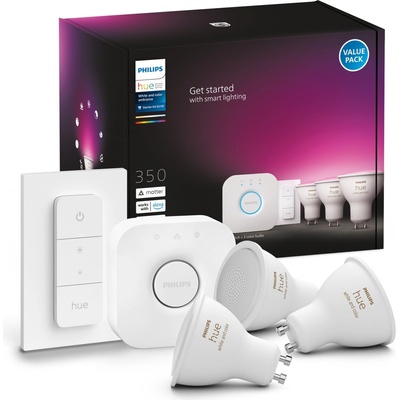 Philips Hue Bluetooth 3x žiarovka LED RGB GU10 4,3W, 350lm, 2000-6500K, biela + bridge