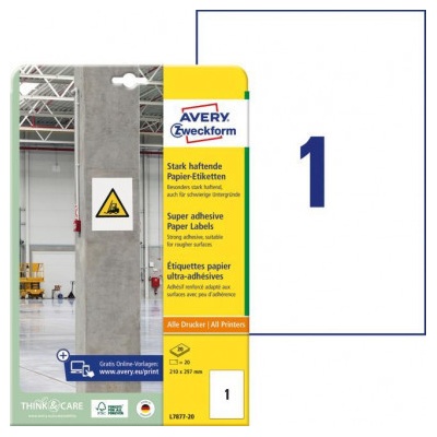 Etikety univerzálne 210x297mm Avery A4, silne lepivé 20 hárkov