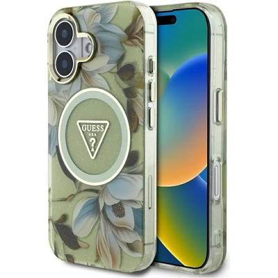 GUESS Калъф Guess Glitter Flowers Triangle Buttons MagSafe за iPhone 16 зелен (3666339430665)