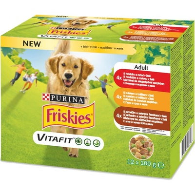 Friskies Adult hovädzina a mrkvy kura a hrášok jahňa a zelené fazuľky v želé 12 x 85 g