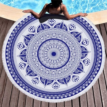 Noezon okrúhla plážová osuška modro biela Mandala priemer 150 cm 15519