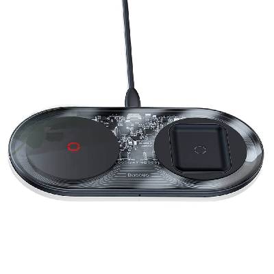 Двойна поставка (пад) с Fast Charge технология за безжично зареждане за Qi съвместими устройства и Apple Airpods - Baseus Simple 24W 2in1 Wireless Charger (TZWXJK-C01) (прозрачен) (TZWXJK-C01)