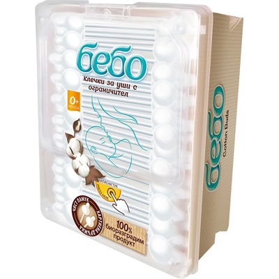 Bebo Памучни клечки с хартиен стик Bebo - 100% биоразградими, 60 броя (614)