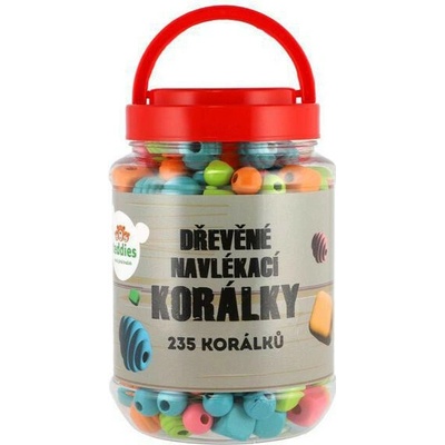 Teddies Korálky dřevěné barevné 235ks v plastové dóze 9x14cm