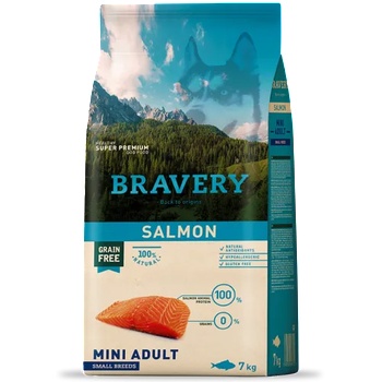 Bravery salmon adult dog mini, натурална, хипоалергенна храна, БЕЗ ЗЪРНО за пораснали кучета от дребни и мини породи над 1 година, със сьомга, Испания - 2 кг