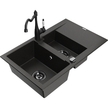 Mexen Gaspar гранитна мивка 1, 5-камерна с отцедник и кухненски смесител Carla черен/златист металик - 6507-75-670700-70-B (6507-75-670700-70-B)