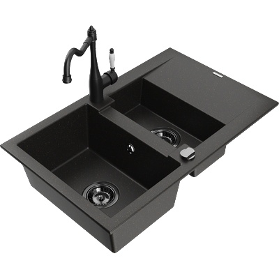 Mexen Gaspar гранитна мивка 1, 5-камерна с отцедник и кухненски смесител Carla черен/златист металик - 6507-75-670700-70-B (6507-75-670700-70-B)