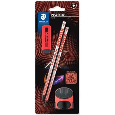 STAEDTLER Графитен комплект моливи с острилка и гума, HB, STAEDTLER "Norix 181", червен 181 SBK2-2 (181 SBK2-2)