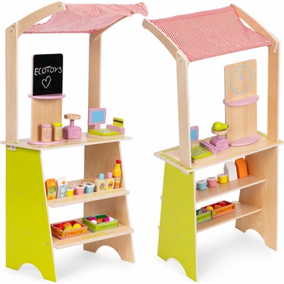 ECOTOYS Detský drevený stánok pre deti 3+ s pokladňou, terminálom, váhou, 20 dielov
