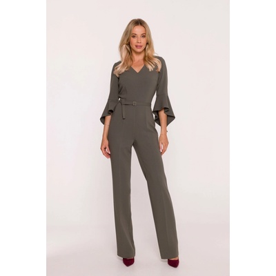 Stylove Woman's Jumpsuit with ruffled sleeves khaki