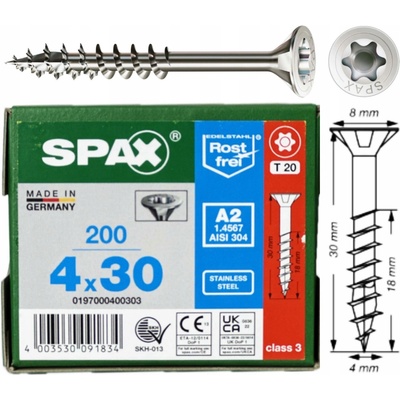 SPAX zápustná hlava 4x30mm částečný závit TX20 certifikovaný nerez A2 (200 ks)