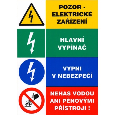 Tabuľka - POZOR EL.ŽIAR,HLAVNÝ VYP.,VYPNI V NEBEZP.,NEHAS 148x210mm