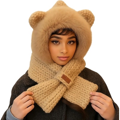 HARAHU Плетена качулка с шал и ушички - Кафява kp36920 (36920)