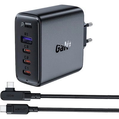 ACEFAST A37 GaN Fast Wall Charger 100W - захранване за ел. мрежа за лаптопи, смартфони и таблети с 1xUSB-A и 3xUSB-C изходи с технология за бързо зареждане и USB-C кабел