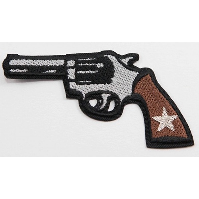 Nažehľovacia záplata - kovbojský revolver - rozmer 8 cm x 4,5 cm - hnedá, strieborná, čierna
