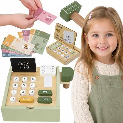 Viga Toys Dřevěná pokladna šedá a bílá