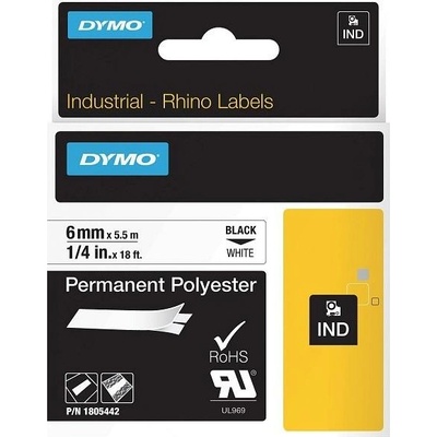 DYMO permanentní polyesterová páska RHINO D1 6 mm x 5,5 m, černá na bílé, 1805442