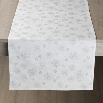 Veba ubrus GARBO tisk Vánoční hvězdy bílo-stříbrná s nešpinivou úpravou 40x120 cm