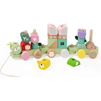 Teddies Влак + 2 вагона джунгла, дървен строителен комплект