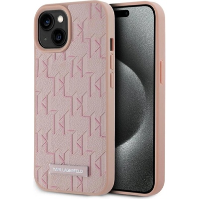 KARL LAGERFELD Калъф с кожен монограм и метално лого на Карл Лагерфелд MagSafe за iPhone 15 - розов (3666339253905)