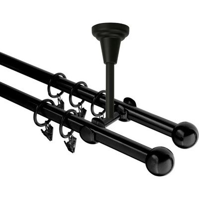OK-GarnýžeCZ Garnýž kovová dvouřadá 16mm Koule černá 180 cm do stropu / kroužky s žabkou