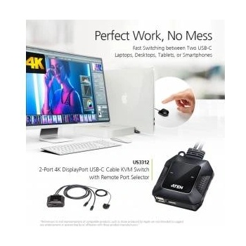 ATEN US3312 2-портов USB-C 4K DisplayPort KVM превключвател с Remote Port селектор