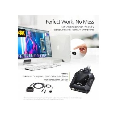 ATEN US3312 2-портов USB-C 4K DisplayPort KVM превключвател с Remote Port селектор