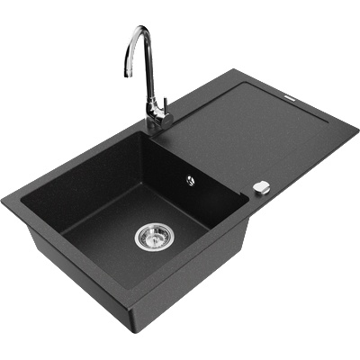 Mexen Leo гранитна мивка с 1 отделение с оцеждач и кухненски смесител Telma, черно/сребърен металик - 6501-73-670200-00 (6501-73-670200-00)